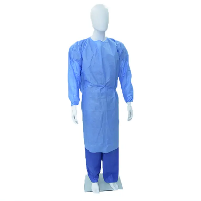 Clearview blue SMS Isolation Gown with Knitted Cuffs displayed on a mannequin.