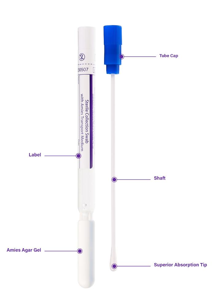 Clearview plain swab with amies gel media and tube with indicators for each part of the swab and tube