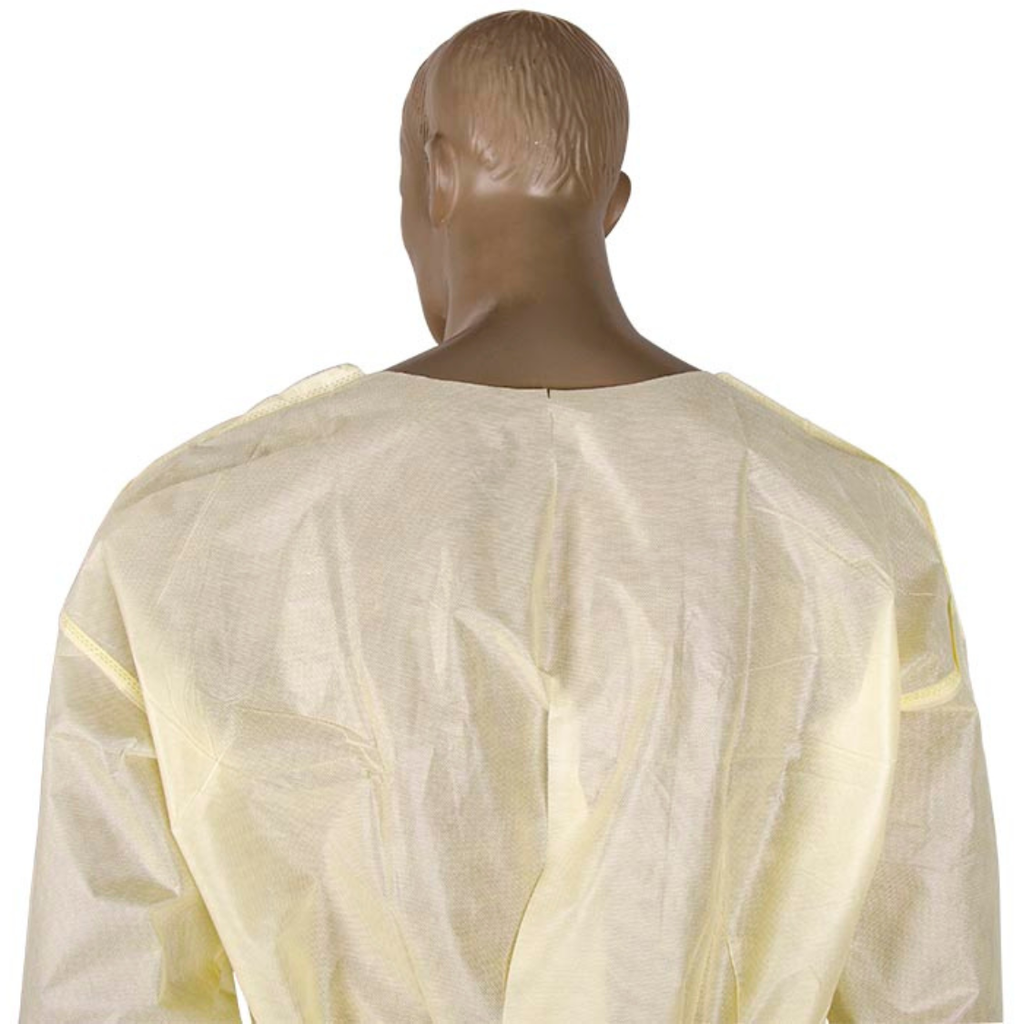 back-of-mannequin-wearing-clearview-sms-isolation-gown-with-thumb-hooks-yellow